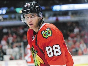Chicago Blackhawks right wing Patrick Kane warms up before a pre-season NHL game against the Detroit Red Wings in Chicago on Tuesday. Kane is facing accusations of rape although no formal charges have been filed.