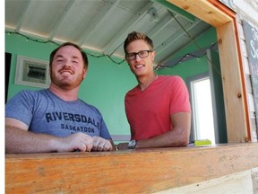 Chris Randall, director of the StreetForce Youth Centre, left, and Brian Johnston, founder of Roots Rock Renewables can be seen in front of the Scoop on Tuesday morning.