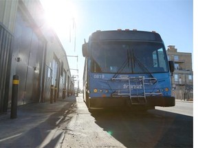 A city bus is parked outside the bus barn on October 19, 2014 in Saskatoon.