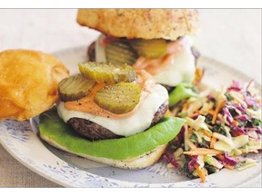 A classic burger with pickles and cheese. Don't overwork the meat or it will dry out.