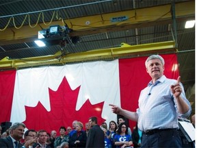 Conservative leader Stephen Harper attends a campaign event in Thetford Mines, Quebec on Thursday, Oct. 15, 2015. Canadians will go to the polls in the Federal election Oct. 19.