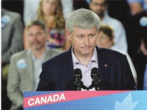 Conservative Leader Stephen Harper makes a campaign stop in Ottawa on Sunday. Reporters' questions on the Mike Duffy trial dogged him all last week.