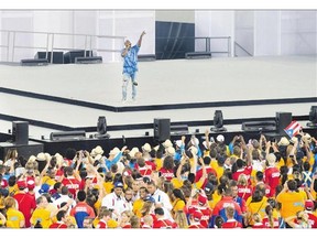 Controversial rapper Kanye West performs during the closing ceremony of the Pan Am Games in Toronto on Sunday.