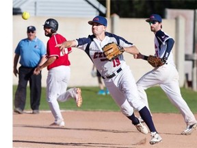 Czech Republic infielder Tomas Klein ignores Mexico baserunner Rene Cardona and tries for the play at first base during an exhibition game Wednesday prior to the start of the Men's World Softball Championship in Saskatoon.