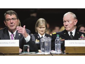 U.S. Defence Secretary Ash Carter, left, shown with Chairman of the Joint Chiefs of Staff, Gen. Martin Dempsey, defended the White House's strategy to defeat ISIL during his appearance before the Senate Armed Services Committee Tuesday.