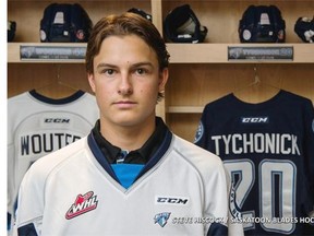 Defenceman Jonny Tychonick is weighing his options between joining the Saskatoon Blades and playing in for an American college team. (Steve Hiscock/Saskatoon Blades photo)