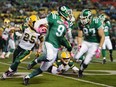 Nic Demski #9 of the Saskatchewan Roughriders runs the ball during a game held at Mosaic Stadium in Regina, Sask. on Saturday Oct. 24, 2015.