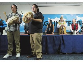 Drummers play as First Nations chiefs and leaders are welcomed at the start of a news conference about the Enbridge Northern Gateway pipeline Thursday in Vancouver.