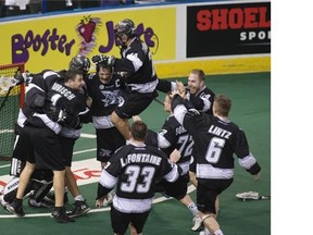 EDMONOTN, ALBERTA ; JUNE 5, 2015- Edmonton Rush celebrate their win over the Toronto Rock to win the National Lacrosse league Champion’s Cup on June 5, 2015, at Rexall Place in Edmonton. (Greg Southam/Edmonton Journal)