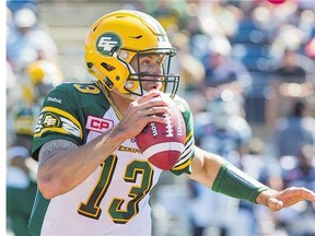 Edmonton quarterback Mike Reilly looks downfield before throwing the ball during Saturday's Canadian Football League game against Toronto at Fort McMurray.