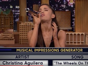 Ariana Grande as Brittany Spears? Celine Dion? Christina Aguilera?Check out her recent appearance on The Tonight Show Starring Jimmy Fallon, where she and host Fallon played a game of Wheel of Musical Impressions ...