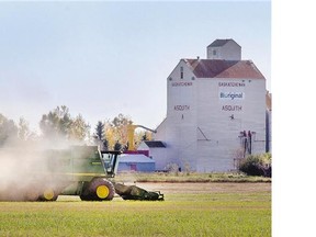 A farmer takes advantage of good weather to harvest a crop near Asquith, Wednesday. An estimated 74 per cent of the province's crop is now in the bin.