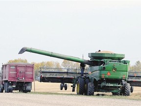 Farmers check the hopper of a combine before unloading grain to a waiting truck north of Regina on Thursday.