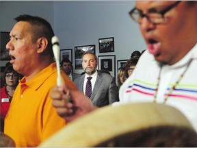 Federal NDP leader Tom Mulcair presented campaign promises at Station 20 West in Saskatoon on August 31, 2015, including an inquiry into missing aboriginal women. FSIN vice-chief Kimberly Jonathan (L) also spoke on that and violence against women in general.