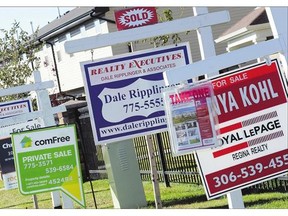 A flock of real estate signs in northwest Regina. Home prices dropped somewhat during the first quarter of the year, making houses slightly more affordable in Saskatchwan, but that was offset somewhat by a drop in incomes.