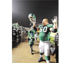 Former Saskatchewan Roughriders guard Gene Makowsky is shown celebrating his team's 2010 West semifinal win against the B.C. Lions at Mosaic Stadium.