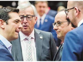 From left, Greek Prime Minister Alexis Tsipras speaks with European Commission President Jean-Claude Juncker, French President Francois Hollande and Belgian Prime Minister Charles Michel during a meeting of eurozone leaders in Brussels on Sunday. It emerged if the bailout negotiations that follow whatever is agreed in Brussels should fail, Greece would likely be asked to take 'a timeout from the euro area,' often described as Grexit, writes Matthew Fisher.