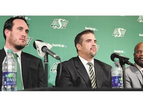 From left: Roughriders CEO Craig Reynolds, interim GM Jeremy O'Day and interim head coach Bob Dyce speak Tuesday on the firings of Corey Chamblin and Brendan Taman.