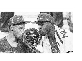 Golden State Warriors Stephen Curry, left, and Andre Iguodala kiss the Larry O'Brien Trophy after winning the NBA title. The team is just one of Travis McDonough's sport clients, but the consumer health-care market is what he's really after.