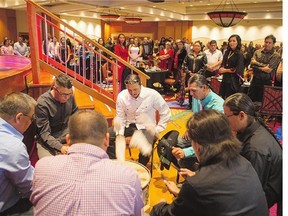 Grandsons of Gordon Tootoosis welcome guests with drums during a Gordon Tootoosis Gala at Dakota Dunes on Friday. The Saskatchewan Native Theatre Company has been renamed the Gordon Tootoosis Níkaníwín (knee-gah-Knee-win) Theatre Company. 'Gordon was adamant about the importance of instilling pride, cultural identity and artistic expression in indigenous youth,' the theatre said in a release. SNTC was founded in 1999 by Tootoosis, Tantoo Cardinal and Kennetch Charlette. Tootoosis (1942-2011) was a residential school survivor from Poundmaker who went on to become a social worker, activist and band chief in addition to an award-winning actor. He was awarded the Order of Canada in 2004.