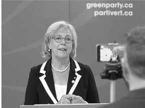 Green party Leader Elizabeth May has her comments recorded and uploaded to Twitter as she live-tweets the federal leaders' debate in Victoria on Thursday.