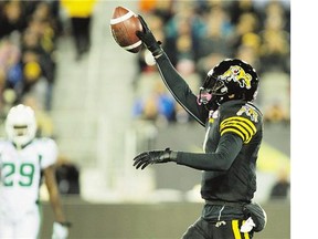 Hamilton Tiger-Cats receiver Tiquan Underwood celebrates after a touchdown catch against the Saskatchewan Roughriders on Friday night.