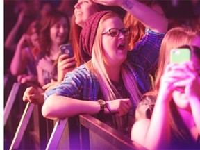 Hedley, along with frontman Jacob Hoggard performs at Credit Union Centre on April 3, 2014 in Saskatoon.