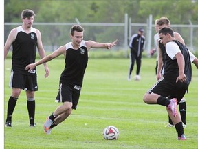 Huskies soccer players participate in the first practice of the season at the University of Saskatchewan on Tuesday. They open their Canada West regular season on Sept. 11 against MacEwan.