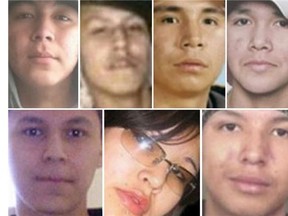 Clockwise from top left: Jordan Wabasse, 15, Kyle Morrisseau, 17, Curran Strang, 18,  Jethro Anderson, 15, Robyn Harper, 18, and Paul Panacheese, 21, all committed suicide between 2000 and 2011.