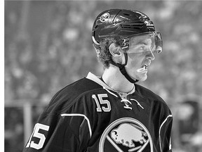 Jack Eichel of the Buffalo Sabres skates around between whistles during his NHL debut against the Ottawa Senators Thursday in Buffalo. He had a goal but Buffalo lost 3-1.