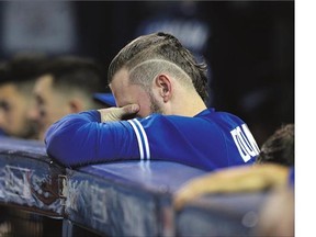 Josh Donaldson of the Toronto Blue Jays reacts in the dugout in the 14th inning during a 6-4 loss against the Texas Rangers in Game 2 of the American League Division Series at Rogers Centre on Friday. Toronto has lost the first two games of the best-of-three series.