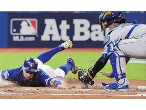 Kevin Pillar of the Toronto Blue Jays scores a run during the Jays win Monday over Kansas City. It got the team back in a series which the Royals now lead 2-1.