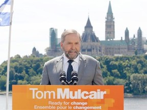 NDP Leader Tom Mulcair launches his campaign at the Museum of History in Gatineau, Que., after Prime Minister Stephen Harper called an election on Sunday, August 2, 2015. THE CANADIAN PRESS/ Patrick Doyle