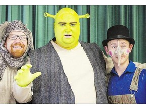 Left to right, Andrew Linsley as Donkey, Rob Armstrong, as Shrek and Alex Batycki as Pinnochio.