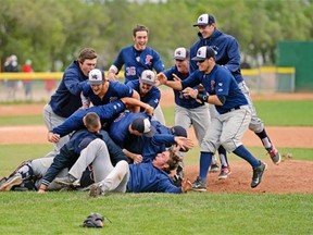 The Lethbridge Bulls celebrate the team’s first Western Major Baseball League championship after defeating the Regina Red Sox 4-3 at Currie Field on Sunday. 
  
 Michael Bell/The Leader-Post