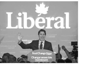 Liberal leader and incoming prime minister Justin Trudeau at party headquarters in Montreal on election night.