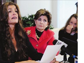 Lisa Christie, left, a former Mrs. America who says she was sexually assaulted by Bill Cosby, appears with fellow alleged victim Sharon Van Ert, right, and lawyer Gloria Allred at a news conference in Los Angeles last month.