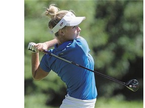 Maddie Szeryk of London, Ont., tees off Wednesday at the Canadian Amateur Women's Golf Championship at Riverside Country Club. Szeryk finished the day tied for 12th, at 3-over.