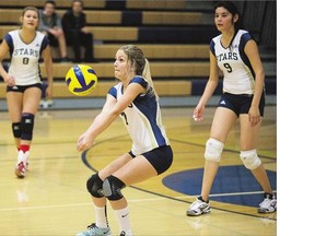 Madison Langford of the host Bethlehem Stars returns service in a volleyball game against Saskatoon Christian School Cougars Tuesday.