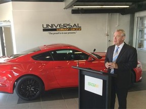 SGI Minister Don McMorris announced Wednesday that the provincial auto insurance company will allow more accredited autobody repair shops to handle damage claims, which are normally handled at SGI claims centres. (LP photo by Bruce Johnstone. Sept. 2, 2015)