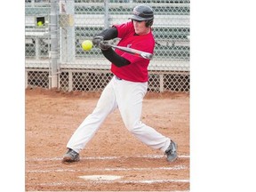 Moose Jaw Canadian Joel Jordison connects with a pitch during the 38th Annual Saskatoon Padres Senior C Men´s Fastball Tournament on Saturday.