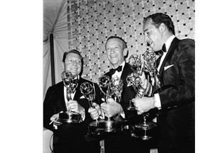 Musical director David Rose, left, actor-dancer Fred Astaire and director Bud Yorkin accept Emmy Awards in May, 1959 for the TV special An Evening with Fred Astaire.