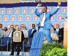 National Baseball Hall of Fame inductee Pedro Martinez dances during his induction ceremony at the Clark Sports Center Sunday, in Cooperstown, N.Y. Martinez, Randy Johnson, John Smoltz and Craig Biggio were inducted into the Hall of Fame on Sunday.