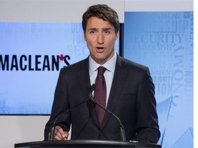 Liberal leader Justin Trudeau makes a point during the first leaders debate Thursday, August 6, 2015 in Toronto.