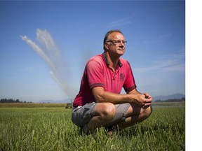 Dairy Farmer David Janssens is pictured in his hay field with his irrigation system in the background at his farm in Langley, British Columbia on July 28, 2015.