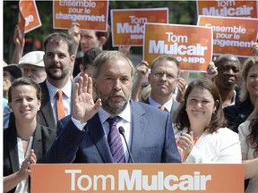 NDP Leader Tom Mulcair delivers a speech during a campaign stop in Montreal on Tuesday, August 4, 2015.
