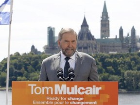 NDP Leader Tom Mulcair launches his campaign at the Museum of History in Gatineau, Que., after Prime Minister Stephen Harper called an election on Sunday, August 2, 2015.  Mulcair had been slated to attend Vancouver's Pride parade Sunday before Harper's election call.