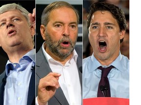 Tom Mulcair and Justin Trudeau disagree over how soon to eliminate the deficit, while Stephen Harper denies that there is a deficit.