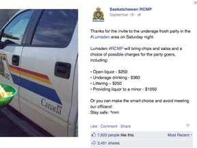As a guest at the party, Saskatchewan RCMP was doing the polite thing, offering to bring snacks and dip -- and, oh yeah, a ticket for illegal drinking or open liquor.