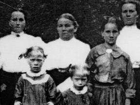 The Hoffman daughters with their mother: Nellie, left front; Ruth, right front. (photo courtesy Wood Mountain Historical Society).
